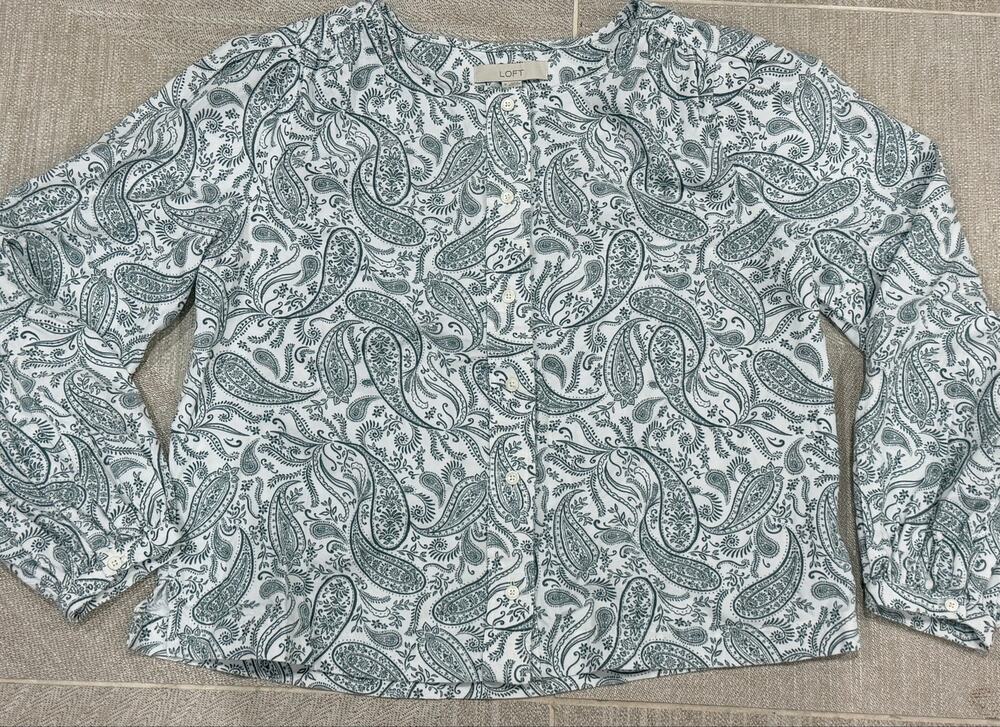 LOFT Green Paisley Textured Corduroy Button Down Top Size M